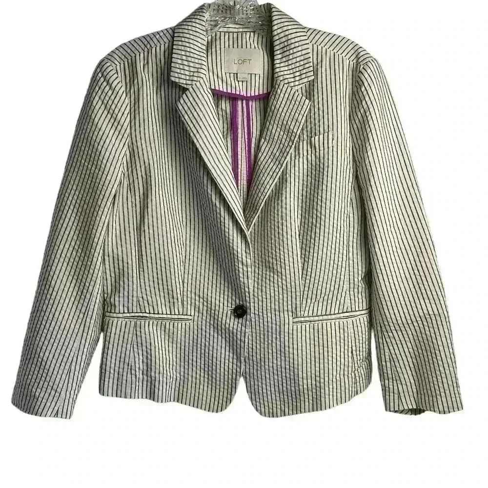 Ann‎ Taylor Loft Women's Blazer Jacket Ivory/White and Black Stripes  Size 8